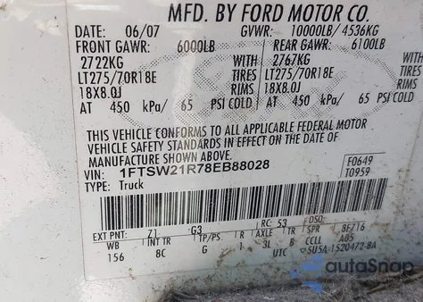 2008 Ford F-250 Fx4/Harley-Davidson/King Ranch/Lariat/Xl/Xlt from USA, damaged, VIN 1FTSW21R78EB88028
